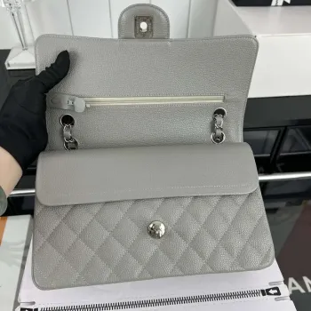 Chanel A01112 Flap Classic Handbag Grained Calfskin & Silver Tone Metal Gray