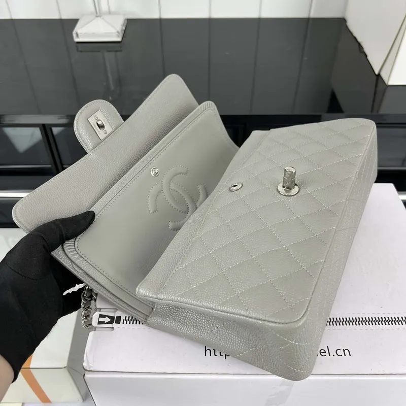 Chanel A01112 Flap Classic Handbag Grained Calfskin & Silver Tone Metal Gray