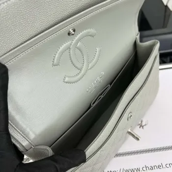 Chanel A01112 Flap Classic Handbag Grained Calfskin & Silver Tone Metal Gray