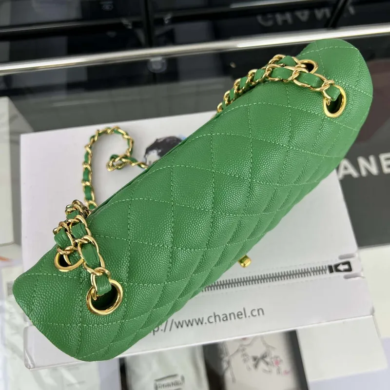 Chanel A01112 Flap Classic 11.12 Handbag Grained Calfskin & Gold Tone Metal Kelly Green