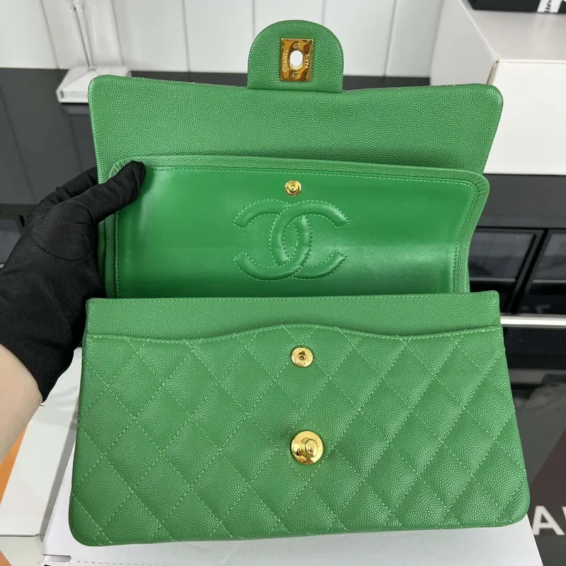 Chanel A01112 Flap Classic 11.12 Handbag Grained Calfskin & Gold Tone Metal Kelly Green