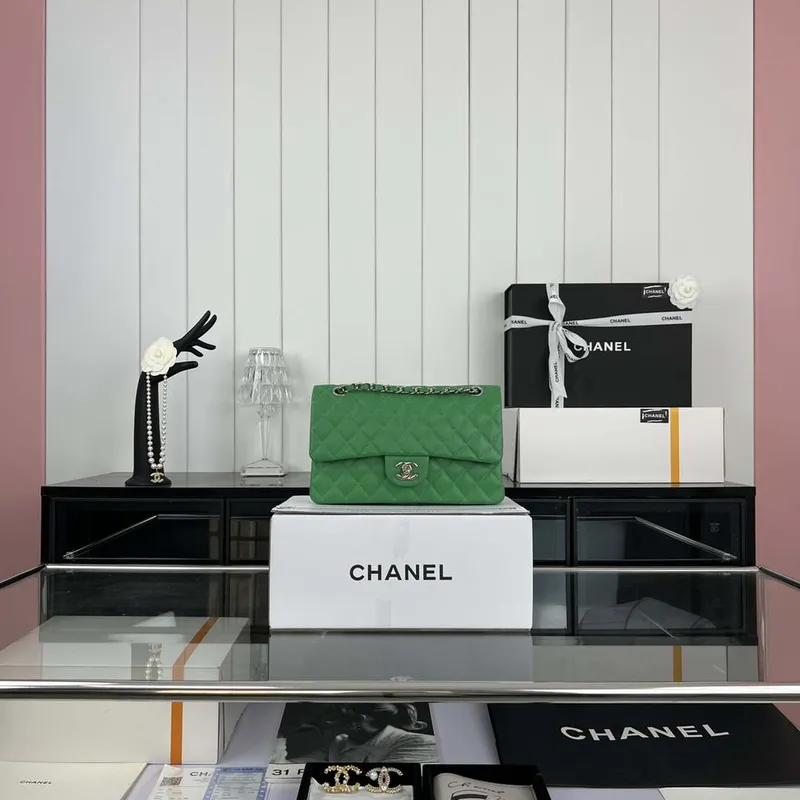 Chanel A01112 Flap Classic 11.12 Handbag Grained Calfskin & Silver Tone Metal Kelly Green