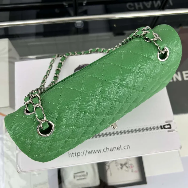 Chanel A01112 Flap Classic 11.12 Handbag Grained Calfskin & Silver Tone Metal Kelly Green