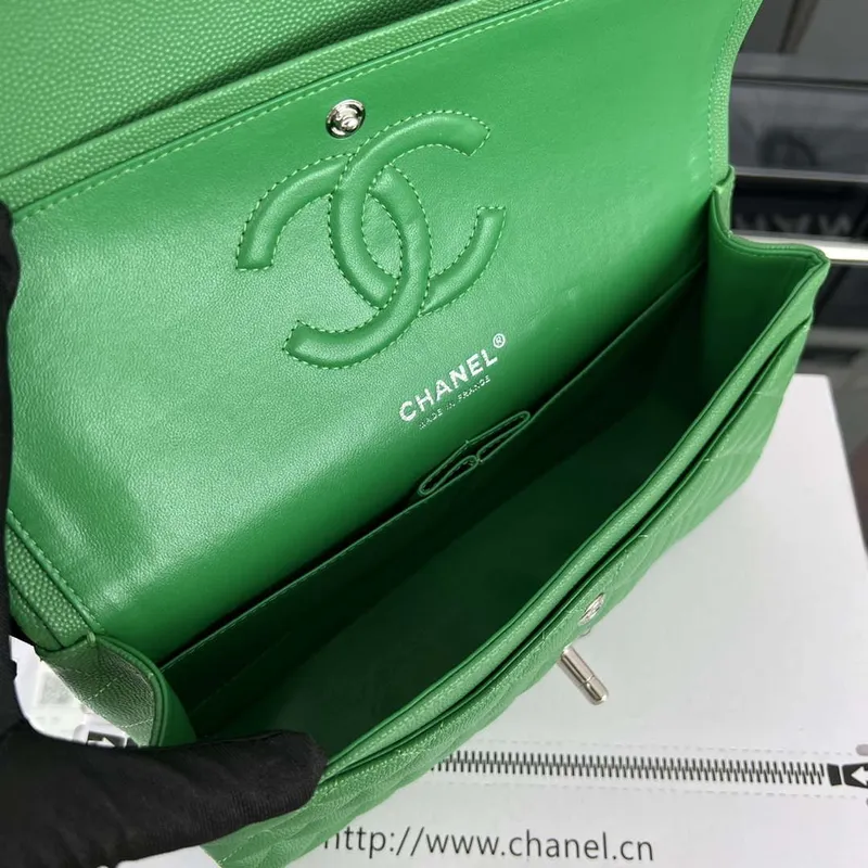 Chanel A01112 Flap Classic 11.12 Handbag Grained Calfskin & Silver Tone Metal Kelly Green