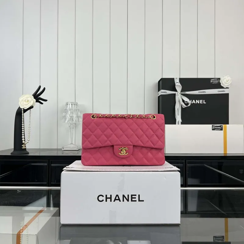 Chanel A01112 Flap Classic 11.12 Handbag Grained Calfskin & Gold Tone Metal Rose red
