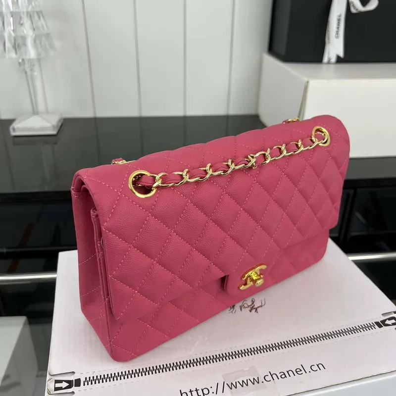 Chanel A01112 Flap Classic 11.12 Handbag Grained Calfskin & Gold Tone Metal Rose red