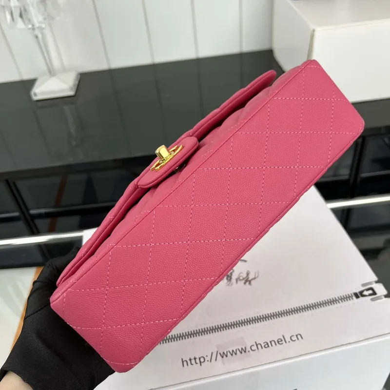 Chanel A01112 Flap Classic 11.12 Handbag Grained Calfskin & Gold Tone Metal Rose red