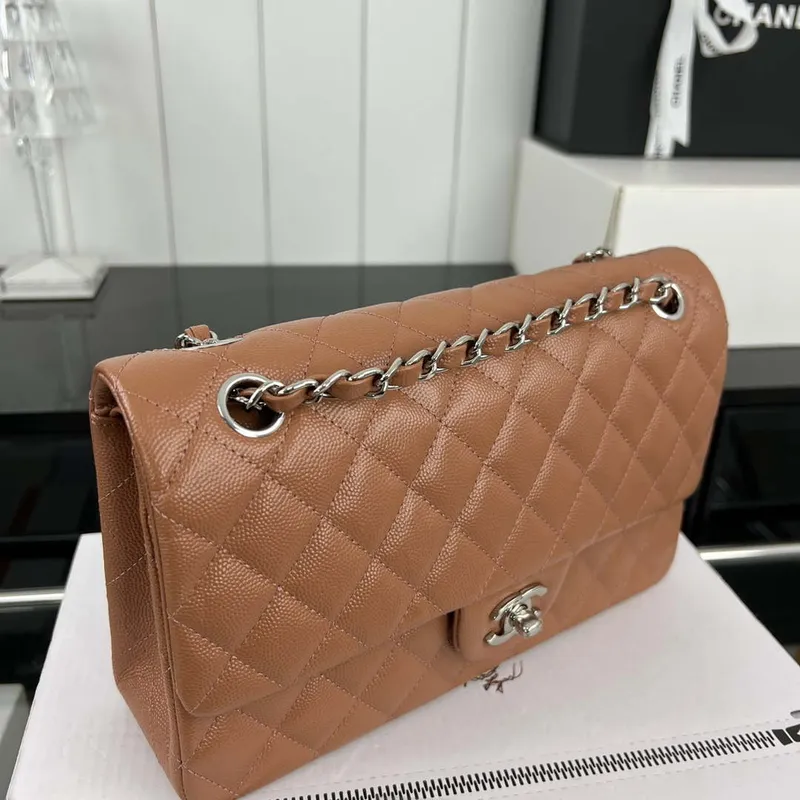 Chanel A01112 Flap Classic 11.12 Handbag Grained Calfskin & Silver Tone Metal Brown