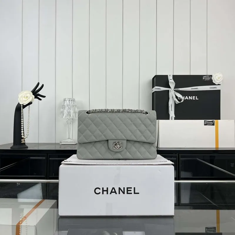 Chanel A01112 Flap Classic 11.12 Handbag Grained Calfskin & Silver Tone Metal Gray