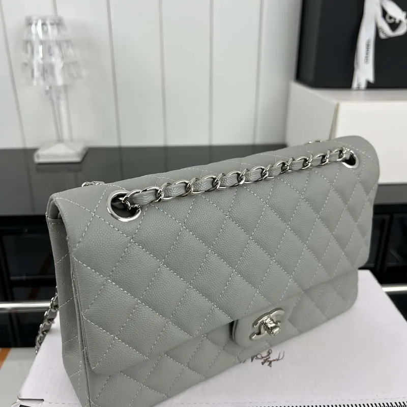 Chanel A01112 Flap Classic 11.12 Handbag Grained Calfskin & Silver Tone Metal Gray