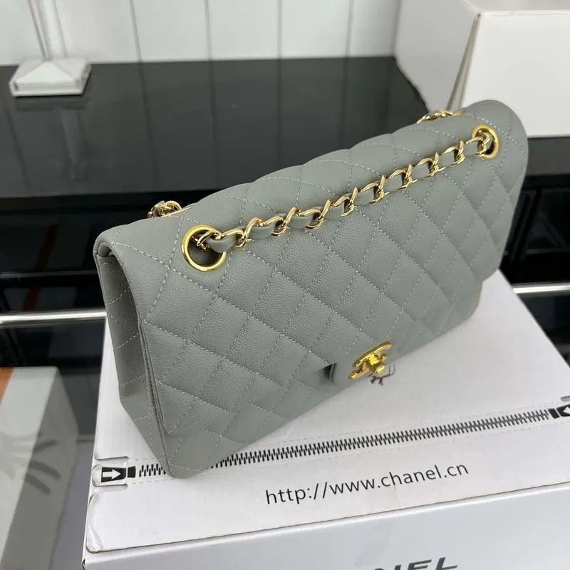 Chanel A01112 Flap Classic 11.12 Handbag Grained Calfskin & Gold Tone Metal Gray