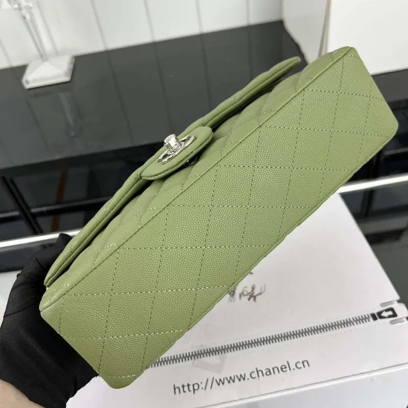 Chanel A01112 Flap Classic 11.12 Handbag Grained Calfskin & Silver Tone Metal Green