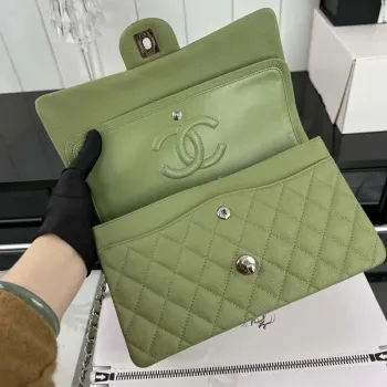 Chanel A01112 Flap Classic 11.12 Handbag Grained Calfskin & Silver Tone Metal Green