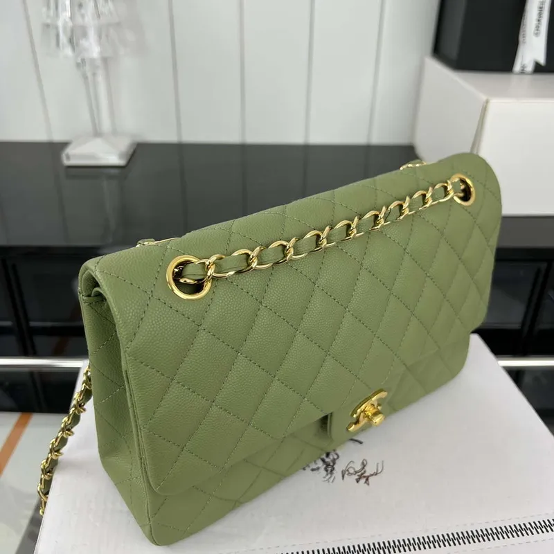 Chanel A01112 Flap Classic 11.12 Handbag Grained Calfskin & Gold Tone Metal Green
