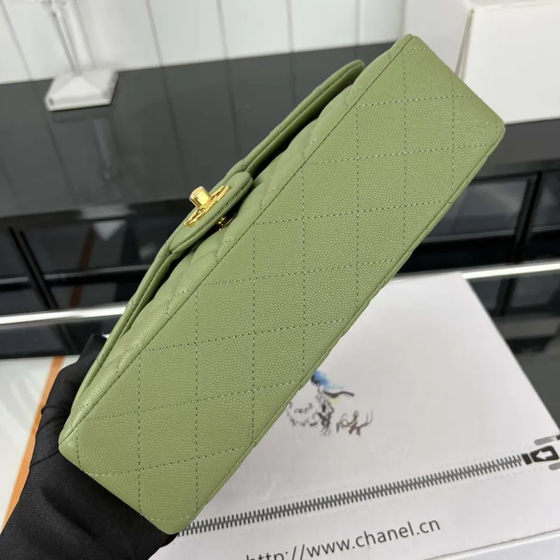 Chanel A01112 Flap Classic 11.12 Handbag Grained Calfskin & Gold Tone Metal Green