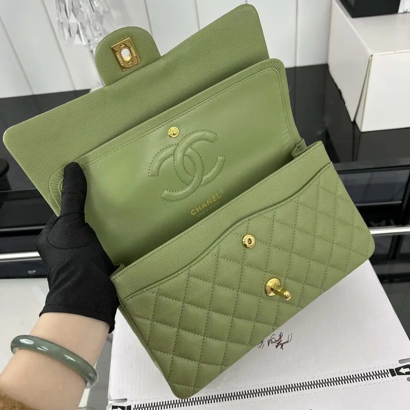 Chanel A01112 Flap Classic 11.12 Handbag Grained Calfskin & Gold Tone Metal Green