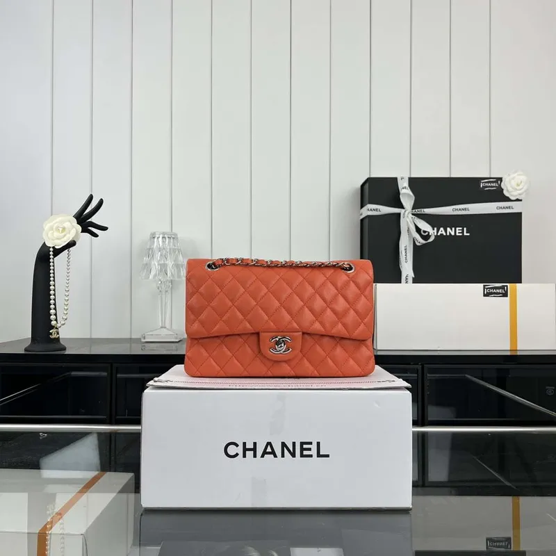 Chanel A01112 Flap Classic 11.12 Handbag Grained Calfskin & Silver Tone Metal Orange
