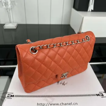 Chanel A01112 Flap Classic 11.12 Handbag Grained Calfskin & Silver Tone Metal Orange