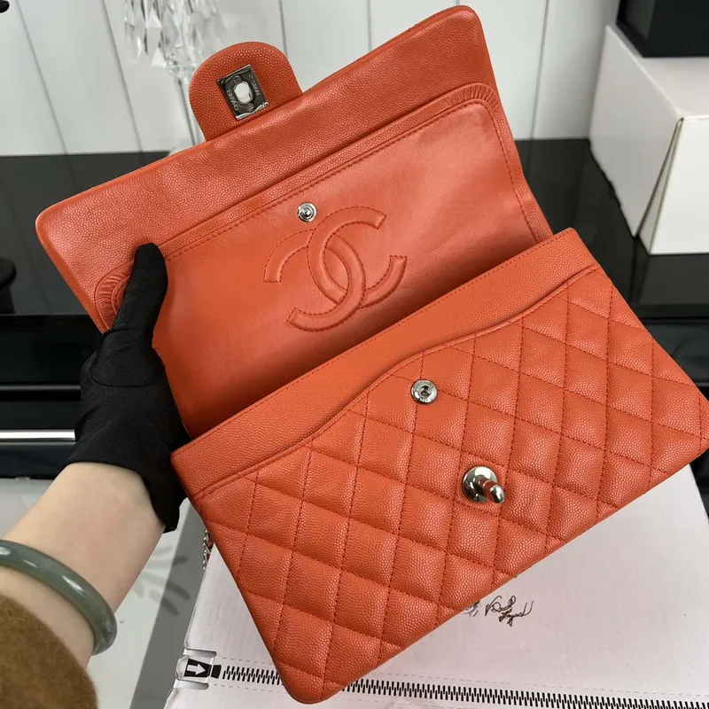 Chanel A01112 Flap Classic 11.12 Handbag Grained Calfskin & Silver Tone Metal Orange