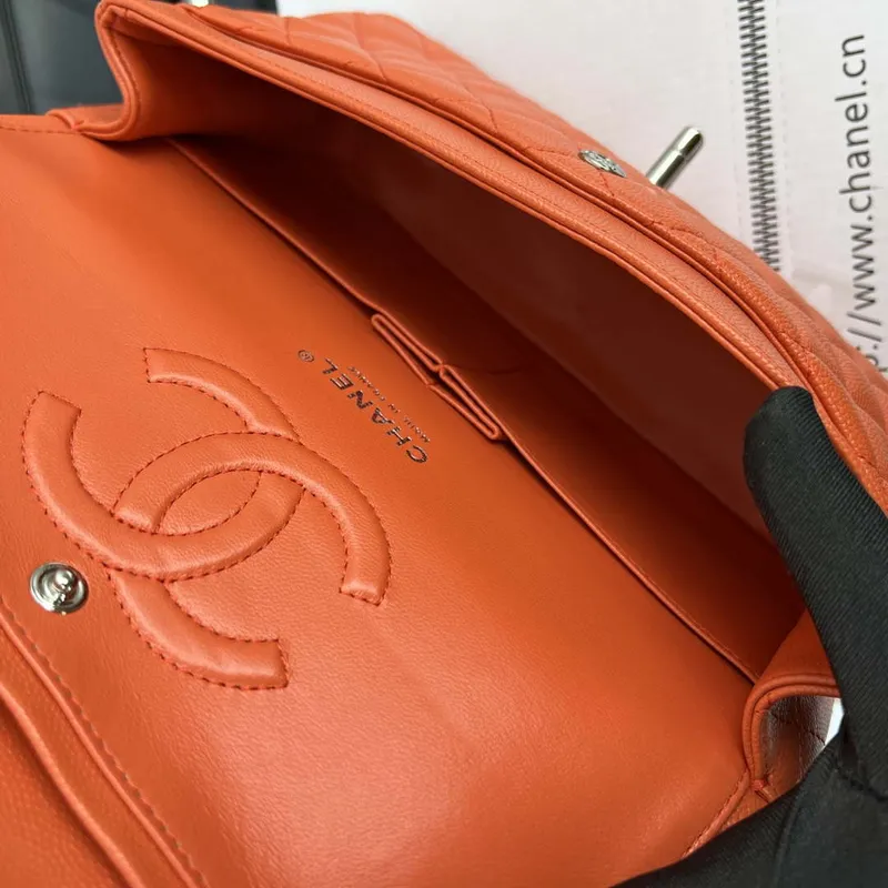 Chanel A01112 Flap Classic 11.12 Handbag Grained Calfskin & Silver Tone Metal Orange
