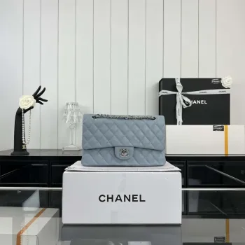 Chanel A01112 Flap Classic 11.12 Handbag Grained Calfskin & Silver Tone Metal Baby Blue