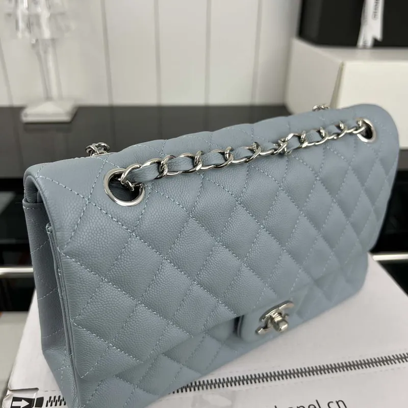 Chanel A01112 Flap Classic 11.12 Handbag Grained Calfskin & Silver Tone Metal Baby Blue