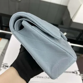 Chanel A01112 Flap Classic 11.12 Handbag Grained Calfskin & Silver Tone Metal Baby Blue