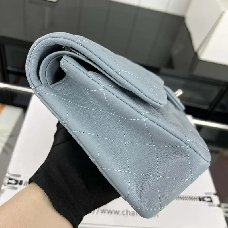 Chanel A01112 Flap Classic 11.12 Handbag Grained Calfskin & Silver Tone Metal Baby Blue