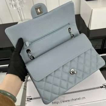 Chanel A01112 Flap Classic 11.12 Handbag Grained Calfskin & Silver Tone Metal Baby Blue