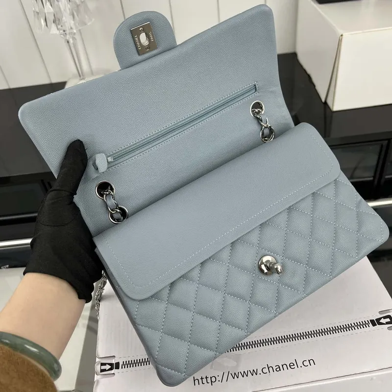 Chanel A01112 Flap Classic 11.12 Handbag Grained Calfskin & Silver Tone Metal Baby Blue