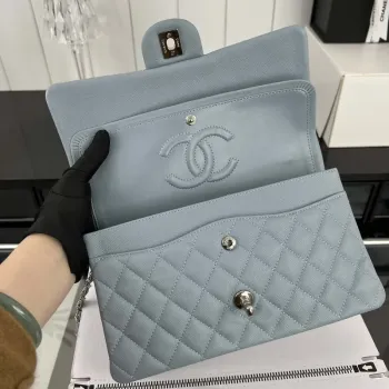 Chanel A01112 Flap Classic 11.12 Handbag Grained Calfskin & Silver Tone Metal Baby Blue