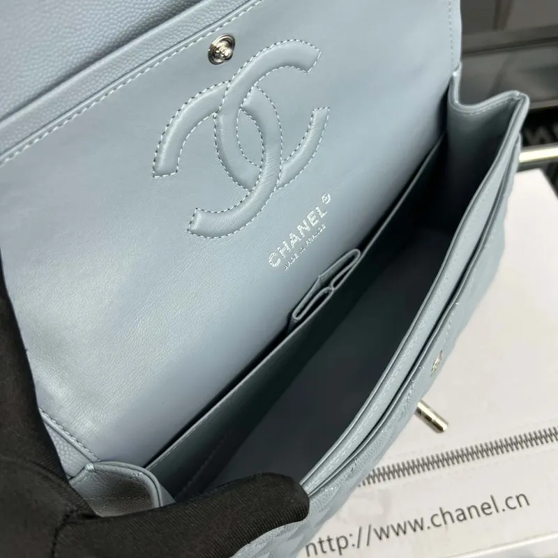 Chanel A01112 Flap Classic 11.12 Handbag Grained Calfskin & Silver Tone Metal Baby Blue