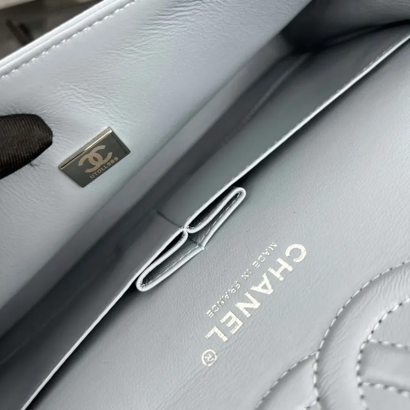 Chanel A01112 Flap Classic 11.12 Handbag Grained Calfskin & Silver Tone Metal Baby Blue