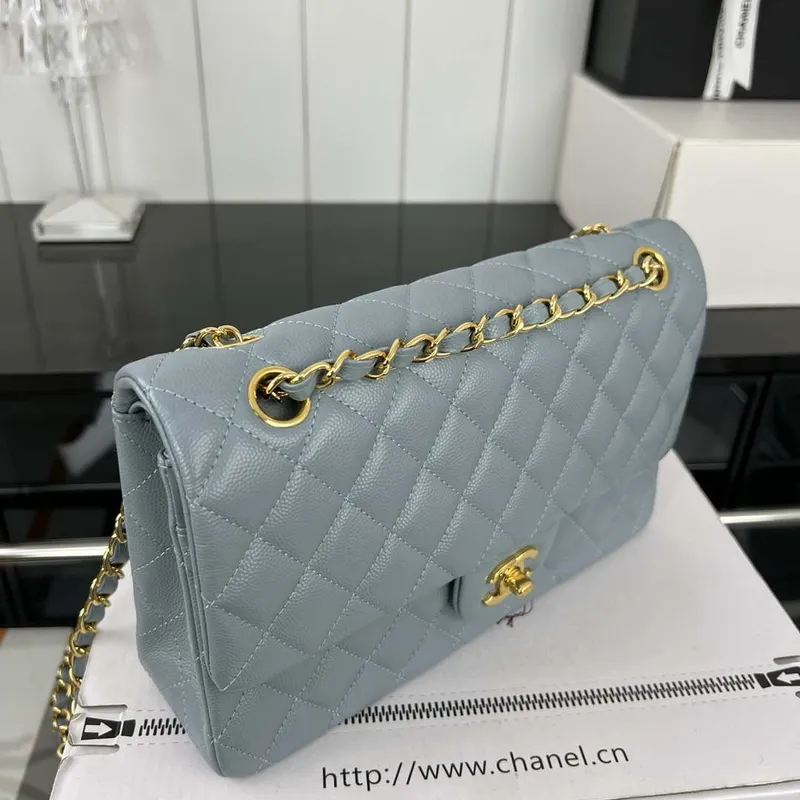 Chanel A01112 Flap Classic 11.12 Handbag Grained Calfskin & Gold Tone Metal Baby Blue