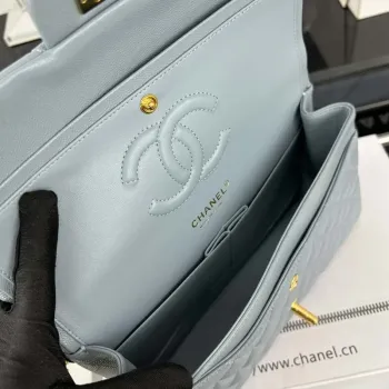 Chanel A01112 Flap Classic 11.12 Handbag Grained Calfskin & Gold Tone Metal Baby Blue