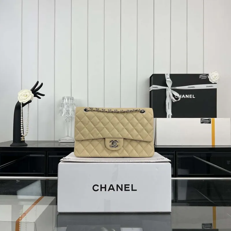 Chanel A01112 Flap Classic 11.12 Handbag Grained Calfskin & Silver Tone Metal Apricot
