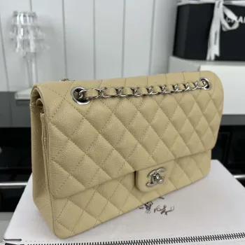 Chanel A01112 Flap Classic 11.12 Handbag Grained Calfskin & Silver Tone Metal Apricot