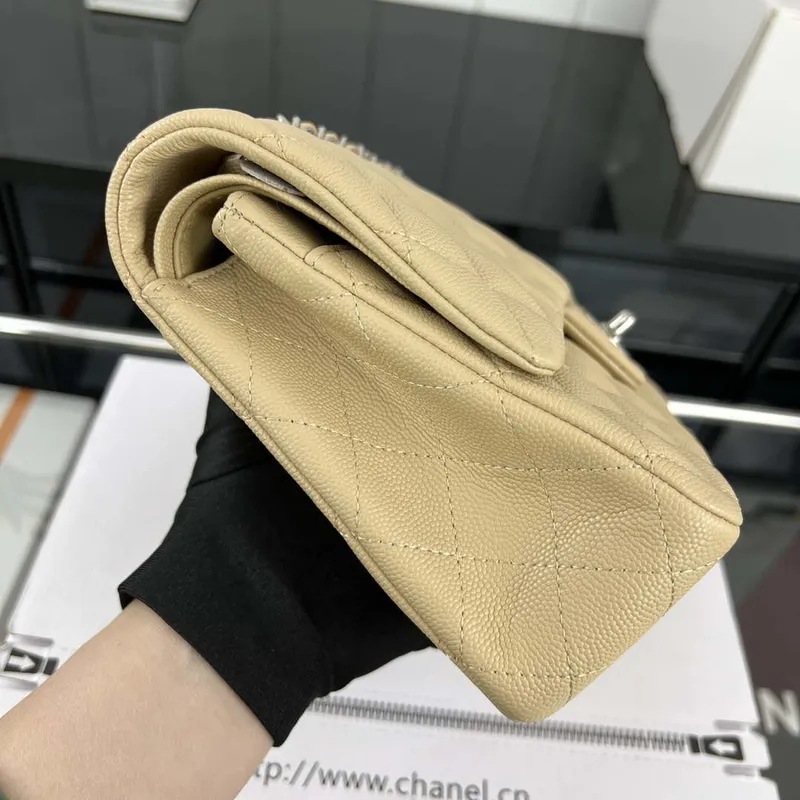 Chanel A01112 Flap Classic 11.12 Handbag Grained Calfskin & Silver Tone Metal Apricot