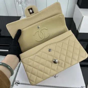 Chanel A01112 Flap Classic 11.12 Handbag Grained Calfskin & Silver Tone Metal Apricot