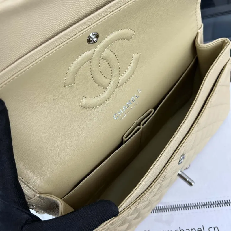 Chanel A01112 Flap Classic 11.12 Handbag Grained Calfskin & Silver Tone Metal Apricot