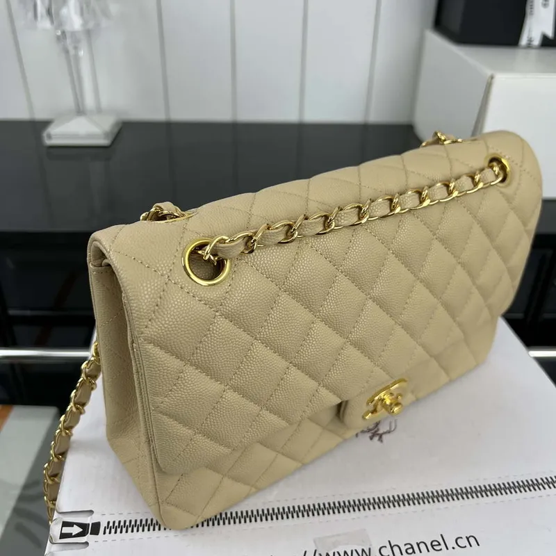 Chanel A01112 Flap Classic 11.12 Handbag Grained Calfskin & Gold Tone Metal Apricot