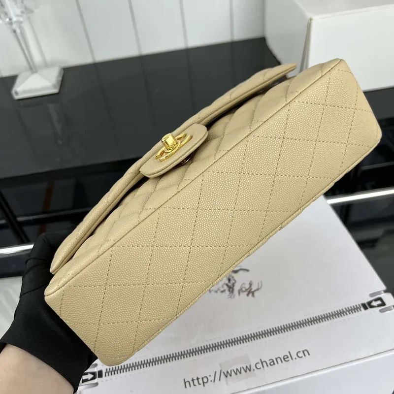 Chanel A01112 Flap Classic 11.12 Handbag Grained Calfskin & Gold Tone Metal Apricot