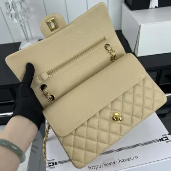 Chanel A01112 Flap Classic 11.12 Handbag Grained Calfskin & Gold Tone Metal Apricot