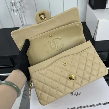 Chanel A01112 Flap Classic 11.12 Handbag Grained Calfskin & Gold Tone Metal Apricot