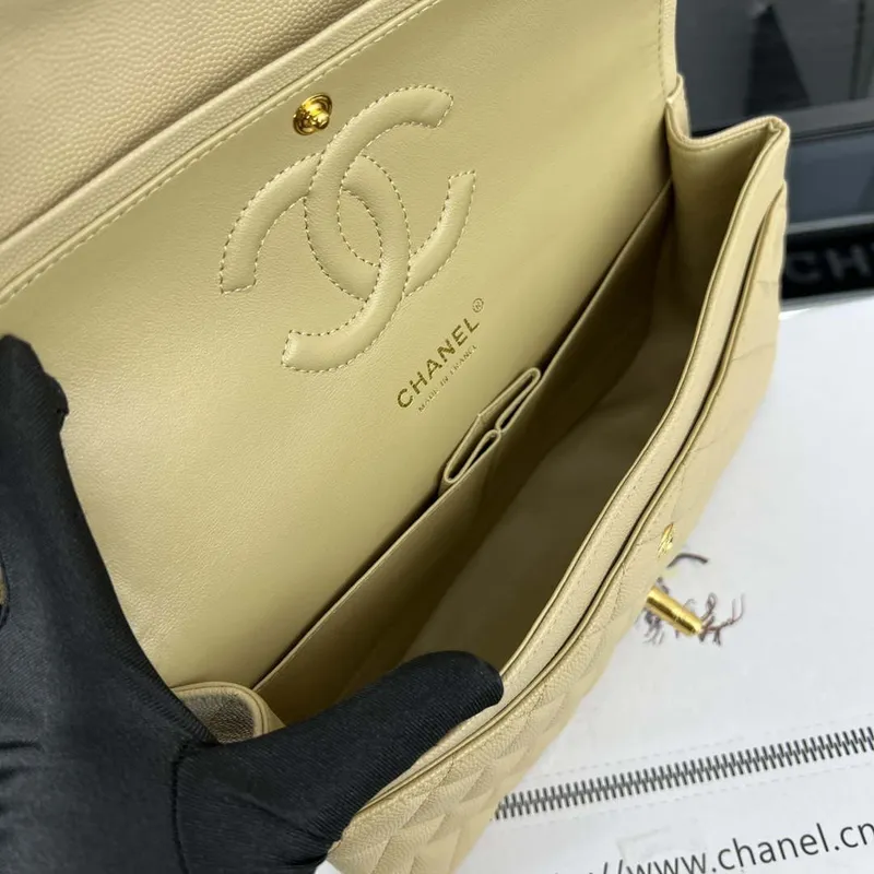 Chanel A01112 Flap Classic 11.12 Handbag Grained Calfskin & Gold Tone Metal Apricot