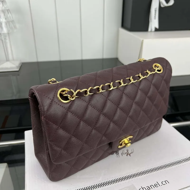 Chanel A01112 Flap Classic 11.12 Handbag Grained Calfskin & Gold Tone Metal wine Red