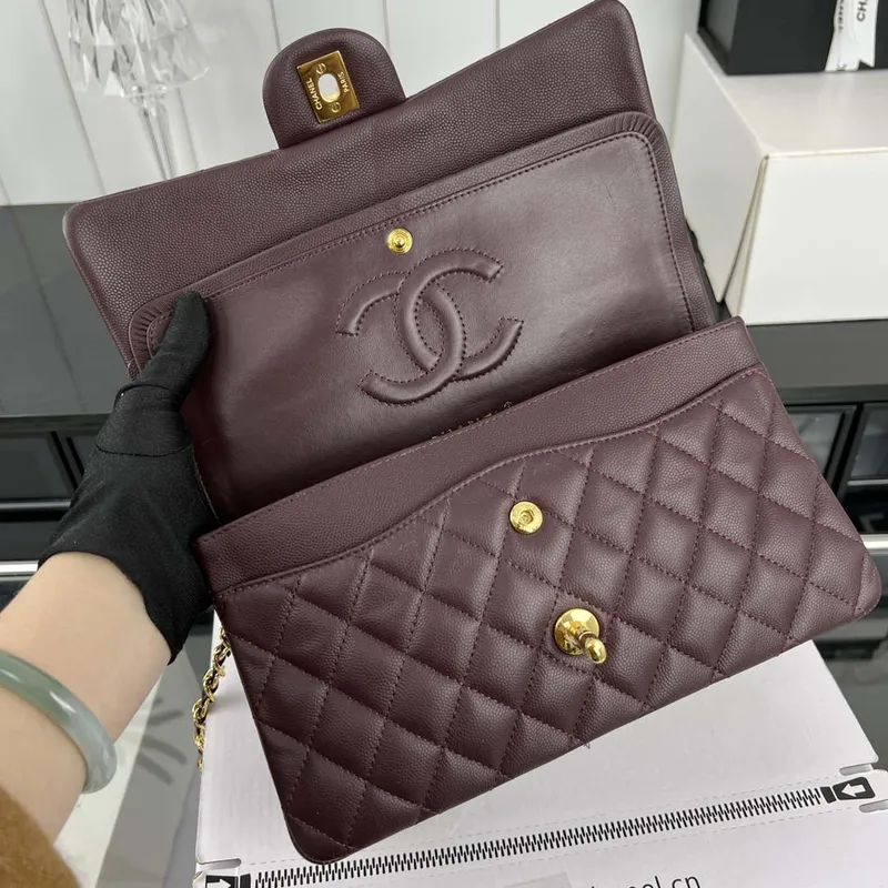 Chanel A01112 Flap Classic 11.12 Handbag Grained Calfskin & Gold Tone Metal wine Red