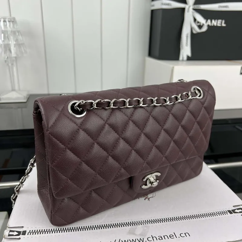 Chanel A01112 Flap Classic 11.12 Handbag Grained Calfskin & Silver Tone Metal Wine Red
