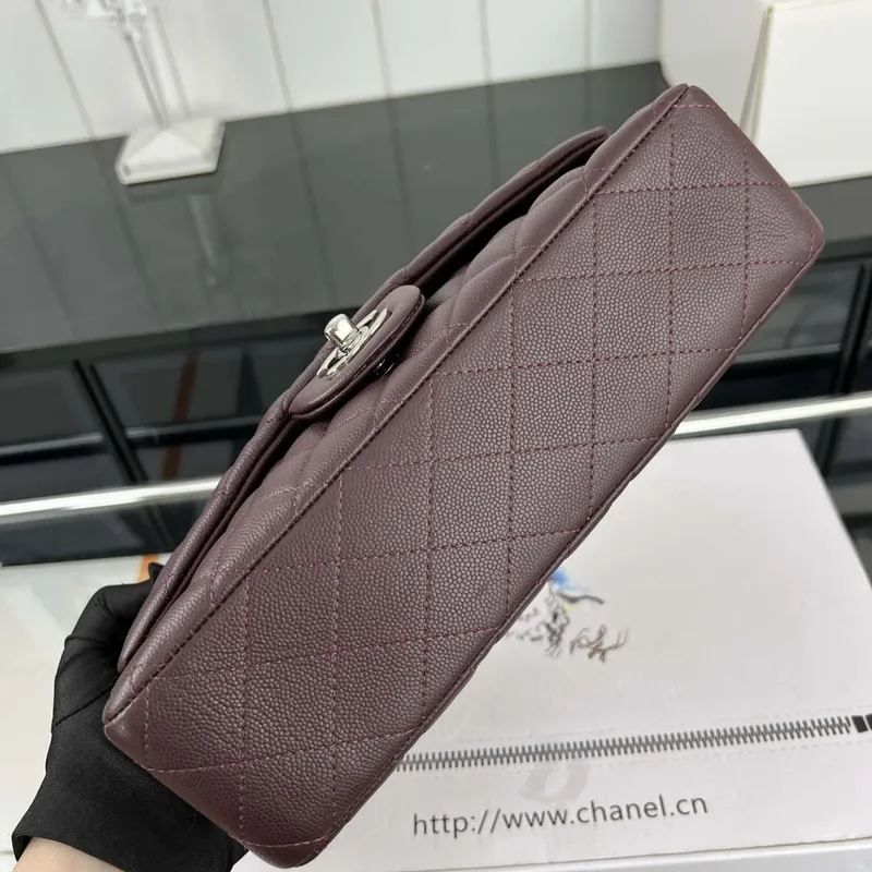 Chanel A01112 Flap Classic 11.12 Handbag Grained Calfskin & Silver Tone Metal Wine Red