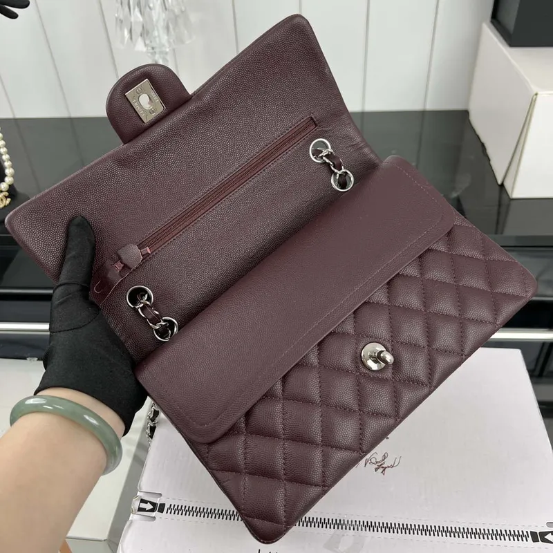 Chanel A01112 Flap Classic 11.12 Handbag Grained Calfskin & Silver Tone Metal Wine Red